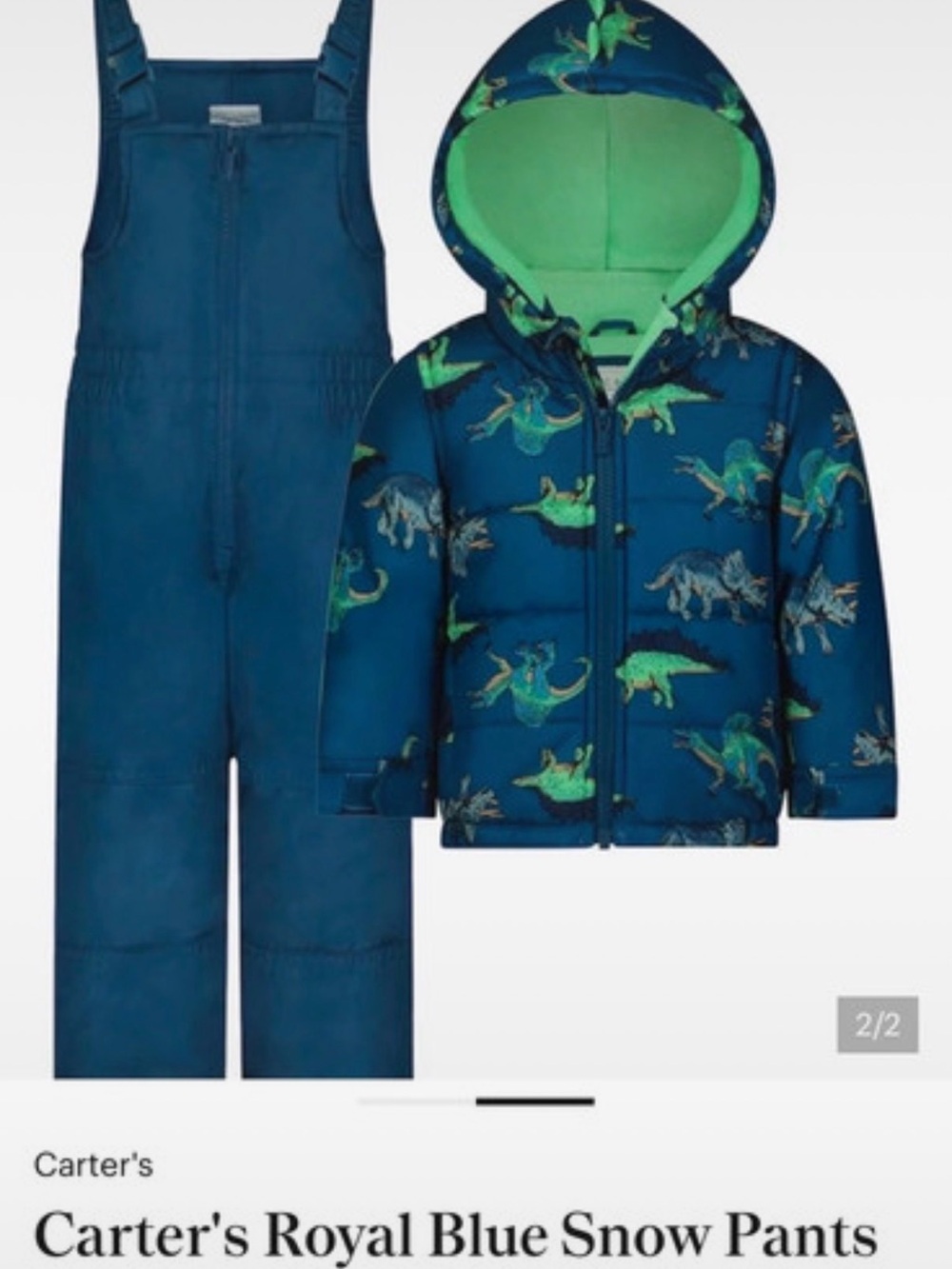 Carter's Royal Blue Snow Pants Overalls with Neon Green Spike Dinosaur Detail